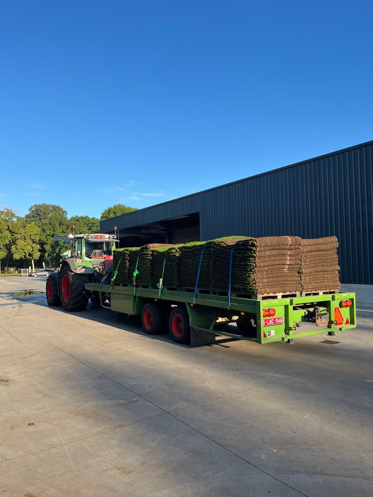 Tractor met aanhangwagen vol pallets rolgazon, klaar voor aflevering op de werf