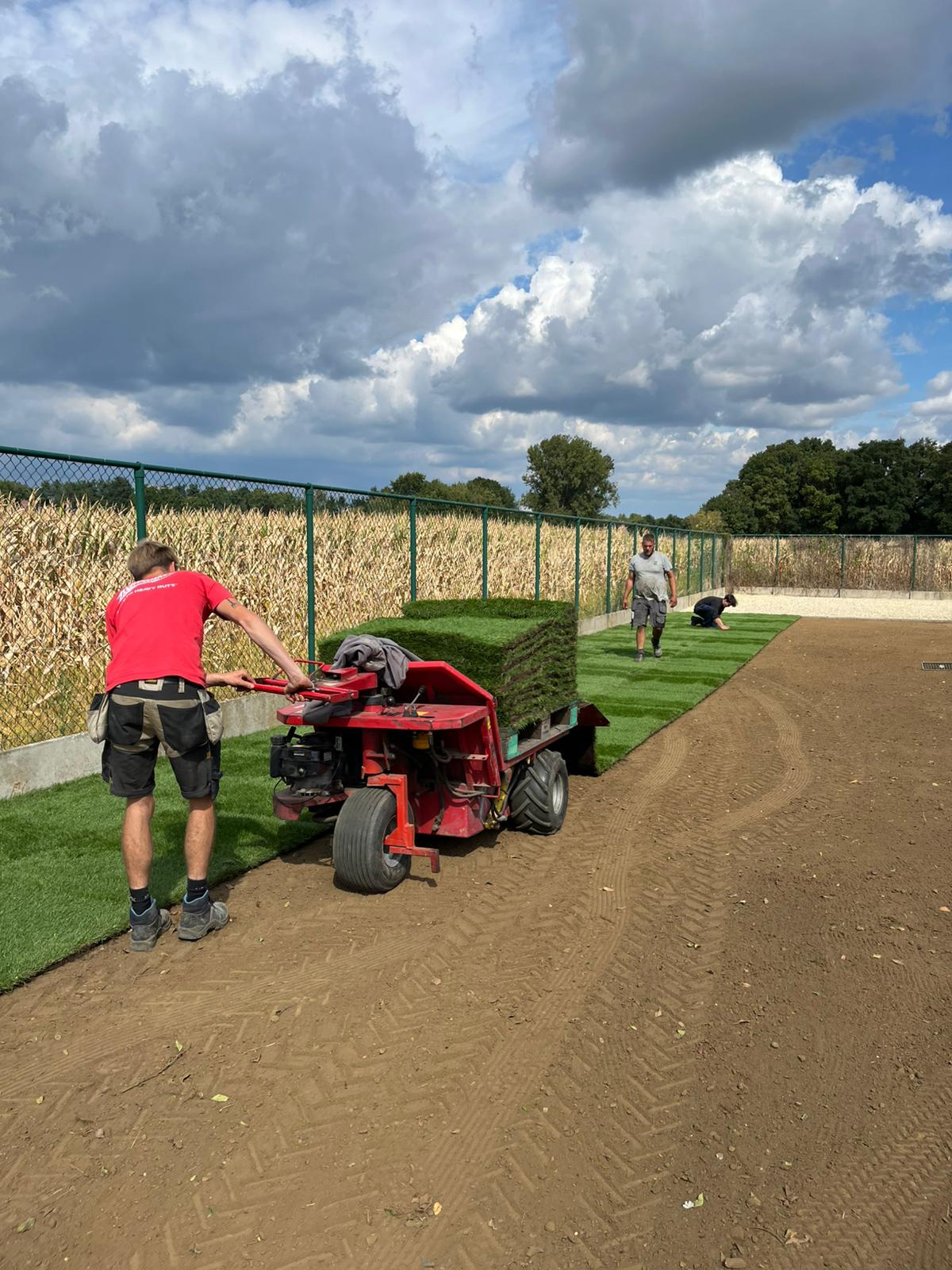 Ploeg legt rolgazon met behulp van een speciale uitrolmachine
